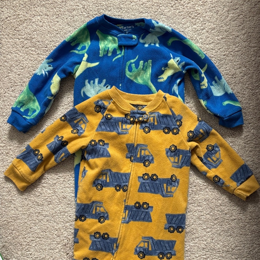 Set 2 Dinosaur and Truck Footie Fleece Pajamas